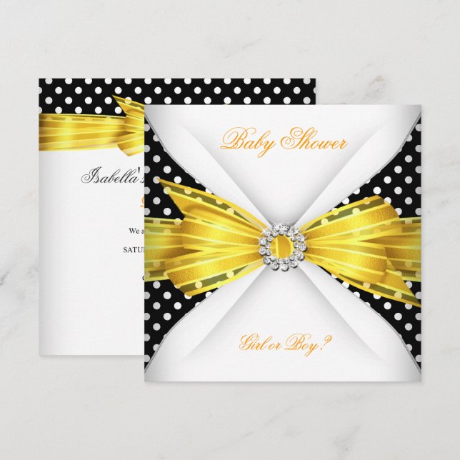 Könsbestämning för baby shower Svart Gul Vit Prick Inbjudningar (Fram/baksida)