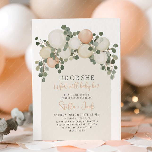 Könsbestämning Han eller Hon Grönska Ballonger  Inbjudningar (He or She Gender Reveal Invitation | Sage green arch balloon garland invitation)