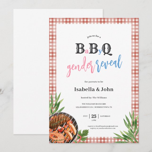 Könsbestämning Invitation Barbecue Baby Inbjudningar (Fram/baksida)