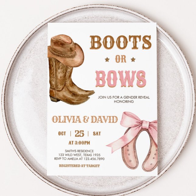 Könsbestämning med stövlar och rosetter inbjudningar (Western Boots and Bows Gender Reveal Invitation
)