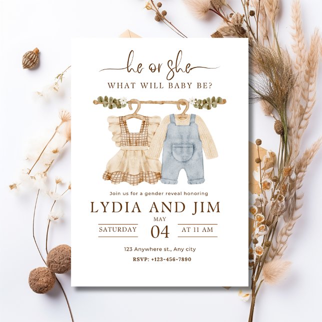 Könsbestämnings-inbjudan för babykläder, Boho baby Inbjudningar (Skapare uppladdad)