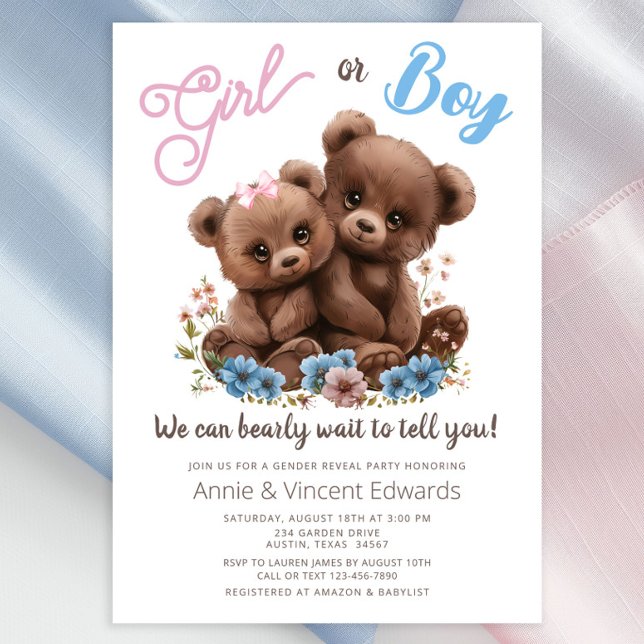 Könsbestämningsfest för björnungar - inbjudan (Sweet baby bear cubs with pink and blue flowers gender reveal invitation. Simply add your details.)