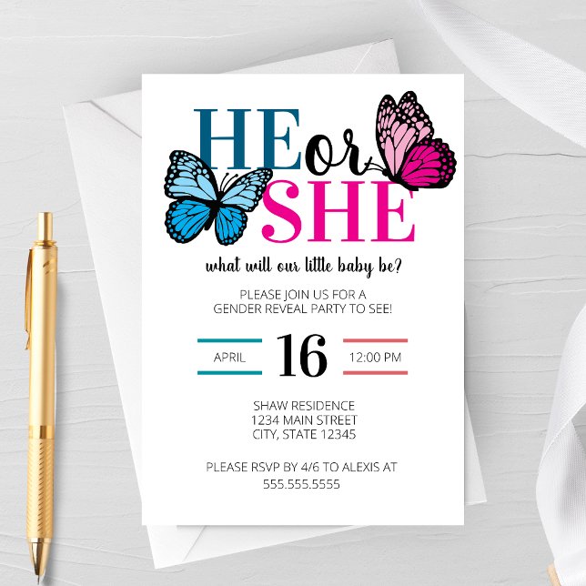 Könsbestämningsfest för vårfjäril-inbjudan inbjudningar (He or She Butterfly Garden Spring Gender Reveal Party Invitation)