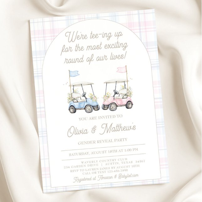 Könsbestämningsinbjudan för golf - Baby golfbilar Inbjudningar (Golf Gender Reveal Invitation – Blue & Pink Golf Carts)