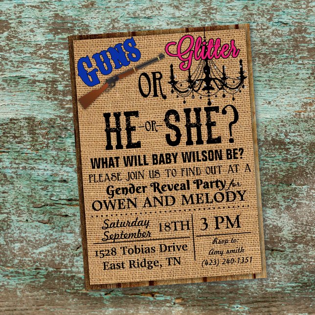 Könsbestämningsinbjudan till Guns or Glitter-fest Inbjudningar (Skapare uppladdad)