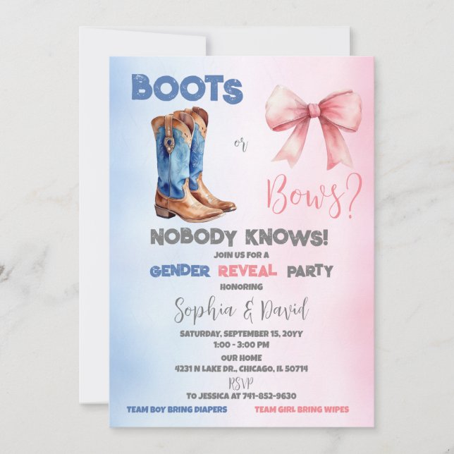 Könsbestämningsparty med Boots eller Bows Inbjudningar (Framsida)