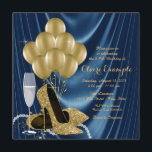 Könsblått och Guld Födelsedagsfest Satin Inbjudningar<br><div class="desc">Kvinnans royal blått och guld födelsedagsfest inbjudan med vackra högklackskor från guld glitter, guld-ballonger, champagne och pärlor på en luxuriös royal blå satängbakgrund. Den här eleganten blått och guld födelsedagsfest inbjudan är lätt att anpassa för evenemanget genom att helt enkelt lägga till dina uppgifter i teckensnittet stil och färg, formuleringen...</div>