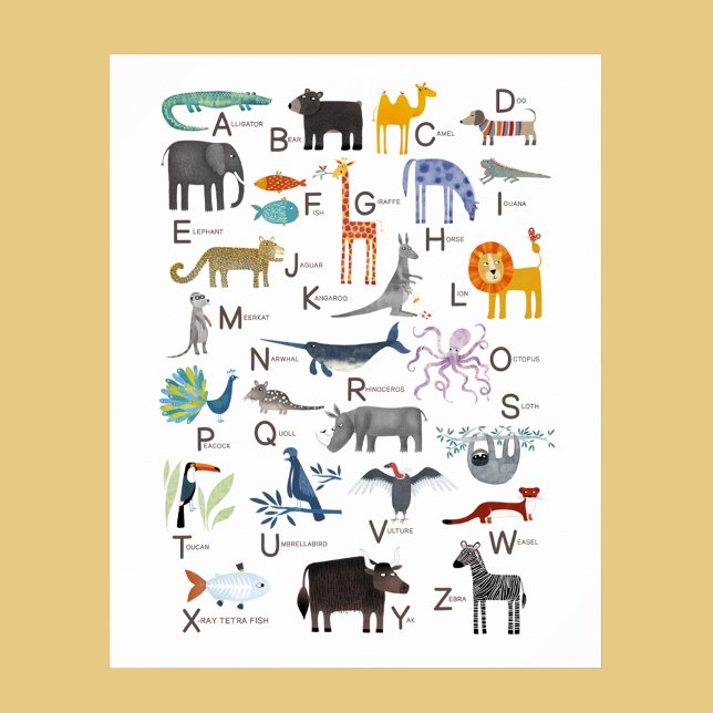 Könsdjur ABC Alphabet Art Poster (Cute animal ABC alphabet for newborn, boy or girl gender neutral nursery or kids room decor wall art)