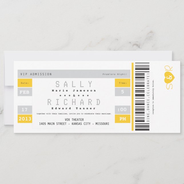 Konsertbiljettinbjudan i solskengult inbjudningar (Framsida)