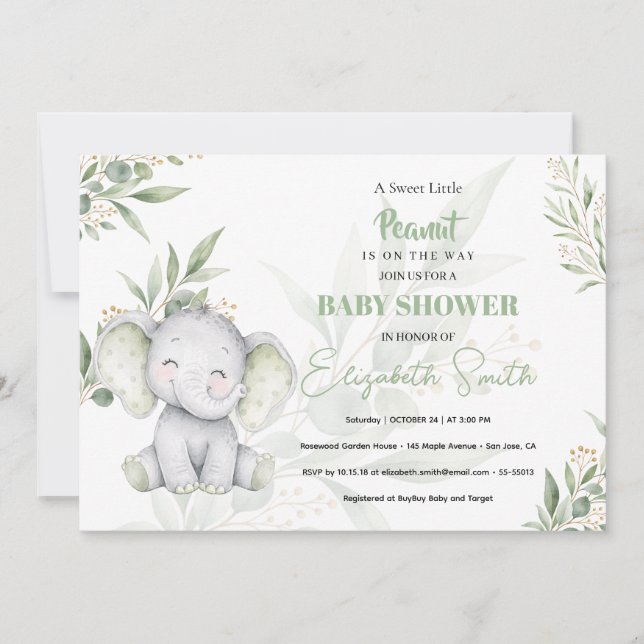 Könsneutral baby shower elefant Eukalyptus Inbjudningar (Framsida)