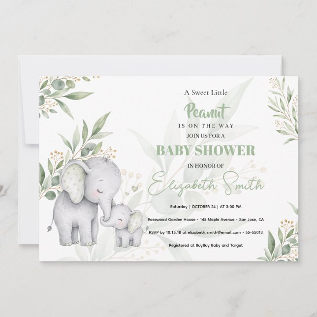Könsneutral baby shower elefant Eukalyptus Inbjudningar (Framsida)