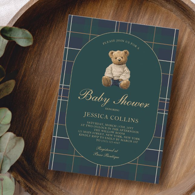 Könsneutral Blå Grön Teddygosedjur Bebisdusch Inbjudningar (Gender Neutral Blue Green Teddy Bear Baby Shower Invitation)