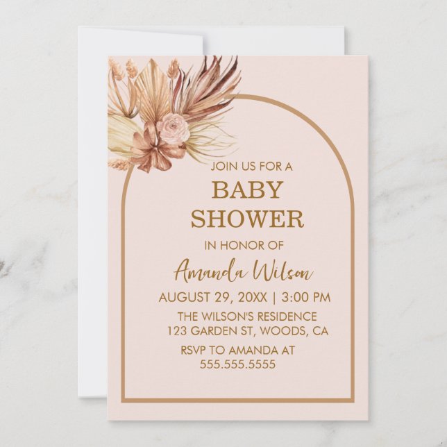 Könsneutral Boho Pampas Gräs Båge Bebis Shower Inbjudningar (Framsida)