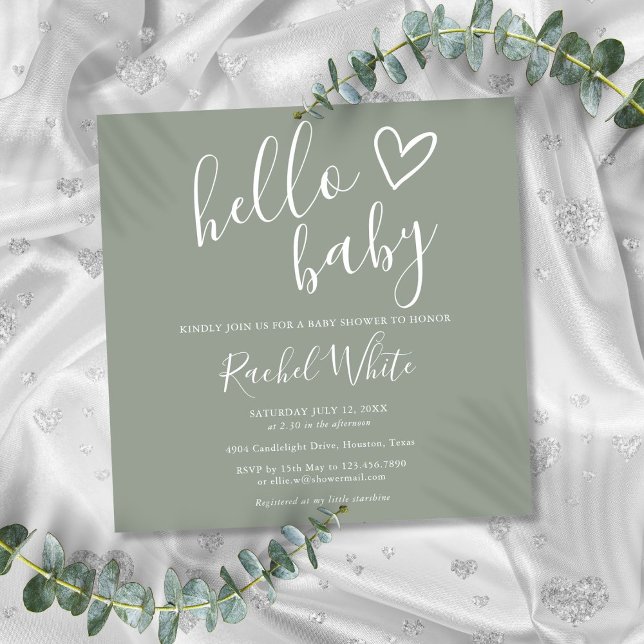 Könsneutral Boho Sagegrön Hej Bebis Baby Shower Inbjudningar (Gender Neutral Boho Sage Green Hello Baby Shower Invitation)