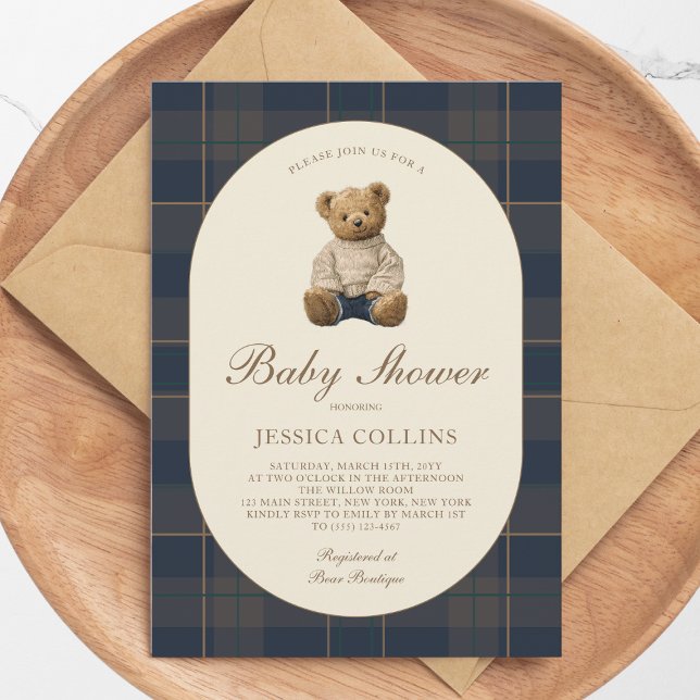 Könsneutral Brun Blå Teddybjörn Bebisbadkar-fest Inbjudningar (Gender Neutral Brown Blue Teddy Bear Baby Shower Invitation)