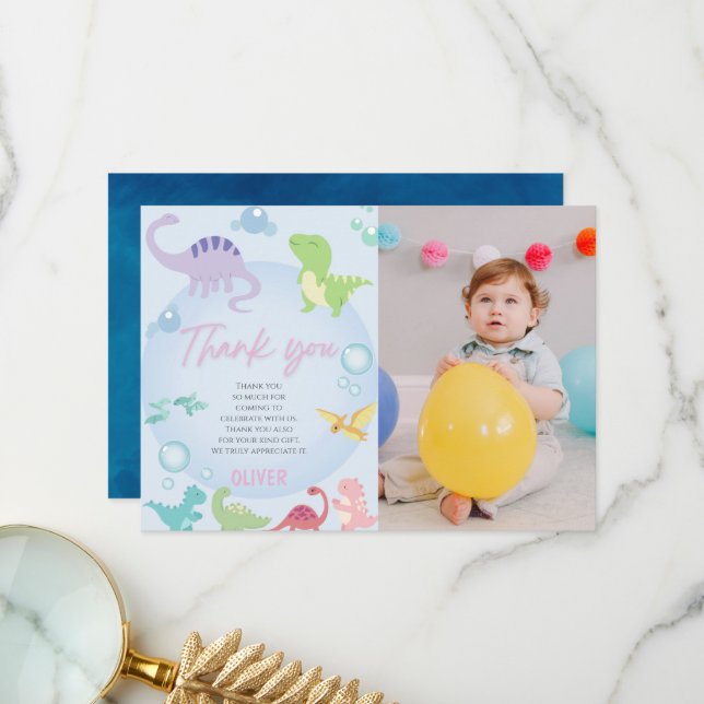 Könsneutral dinosauer bassäng party-födelsedag tack kort (Fram/Back In Situ)