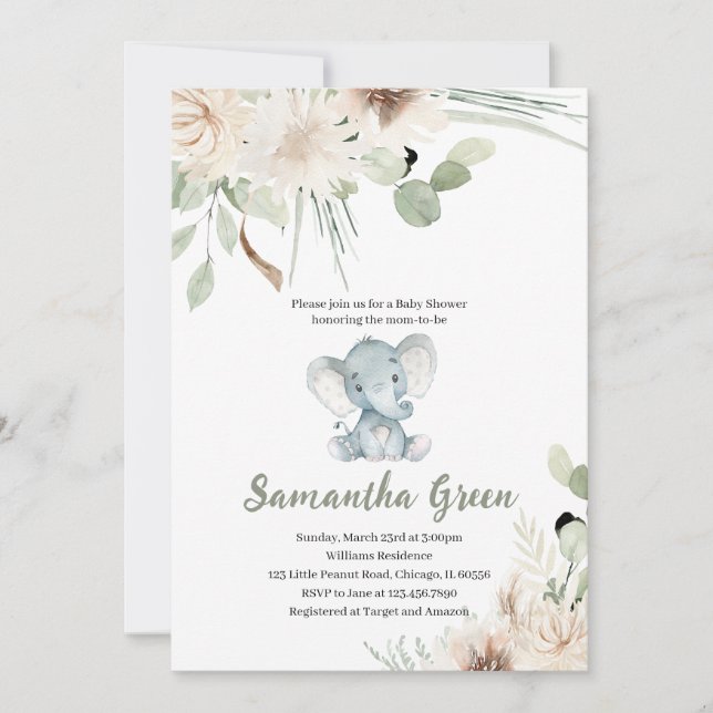 Könsneutral Elefant Baby Shower Inbjudningar (Framsida)