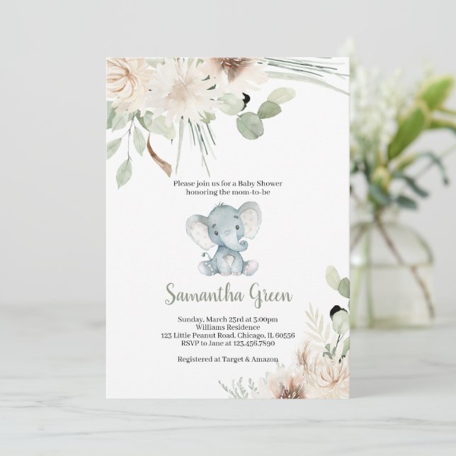 Könsneutral Elefant Bebis Shower Inbjudan (Stående Fram)
