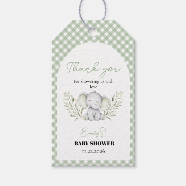Könsneutral Elefant Eukalyptus Baby Shower Presentetikett (Framsidan)