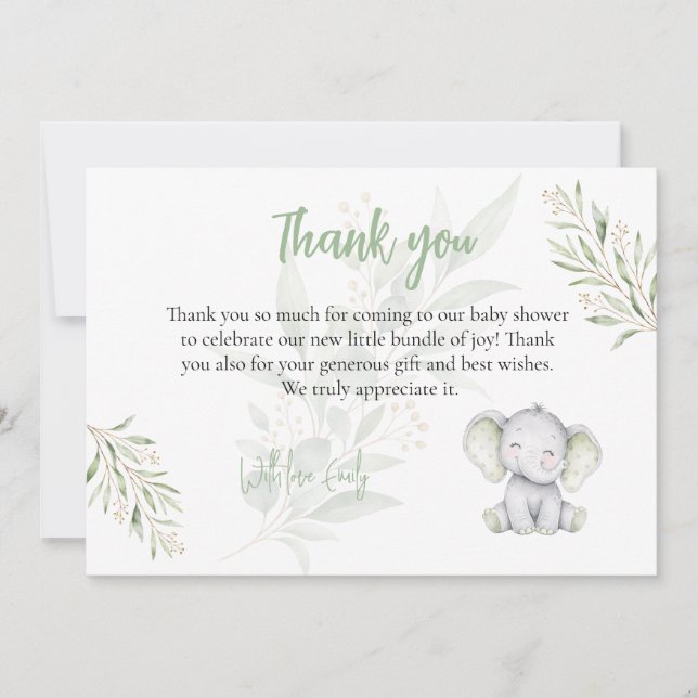 Könsneutral Elefant Eukalyptus Bebis Shower Tack Kort (Framsida)