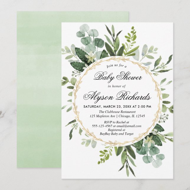 Könsneutral eucalyptus bladbabydusch inbjudningar (Fram/baksida)