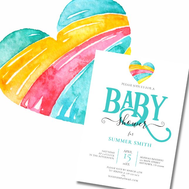 Könsneutral Färgglad Regnbåge Hjärtan  Barnkalas Inbjudningar (All Heart!  Baby Shower Invitation)