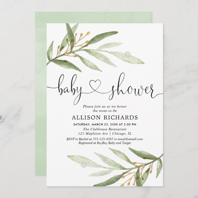 Könsneutral grönt guld-barndusch inbjudningar (Fram/baksida)