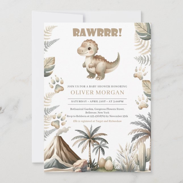 Könsneutral inbjudan till Dino Baby Shower (Framsida)