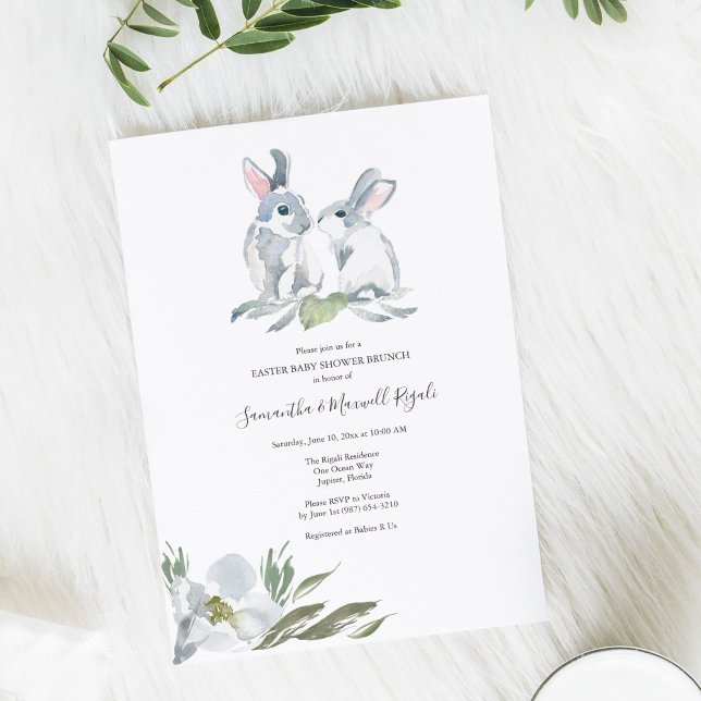 Könsneutral kanin-babyfest inbjudningar (Gender neutral baby shower invitations nature theme watercolor bunny rabbits with florals.)