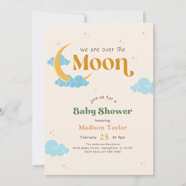 Könsneutral mån- och stjärnbabyshower inbjudningar (Framsida)