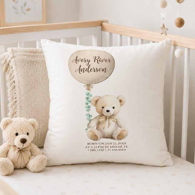 Könsneutral nalle födelsestatistik babykudde kudde (Serene nursery with birth announcement pillow)
