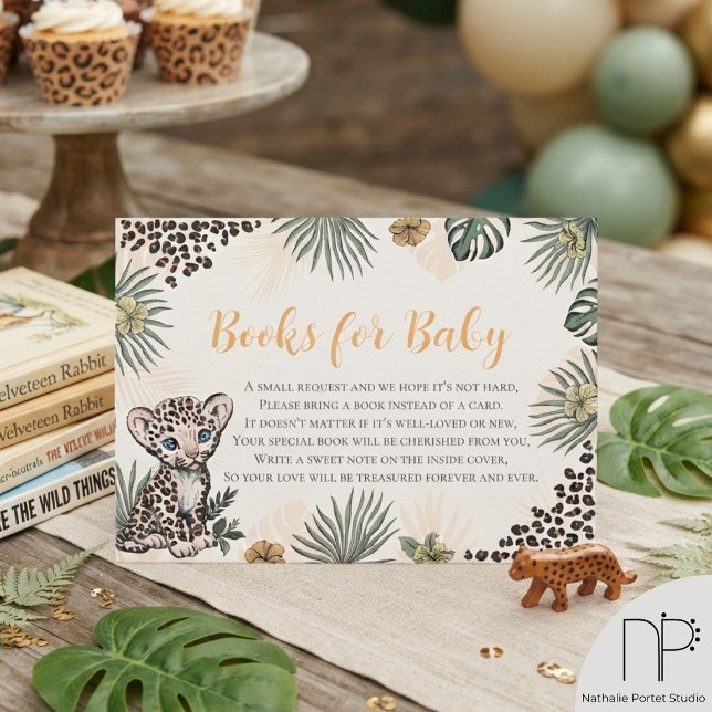 Könsneutral Safaribarnkalas för Leopardsmårbarn Tilläggskort (Hand-drawn leopard cub Books for Baby enclosure card for jungle baby shower invitation)