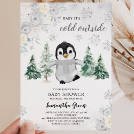 Könsneutral Silver Penguin Bebis Shower Inbjudningar