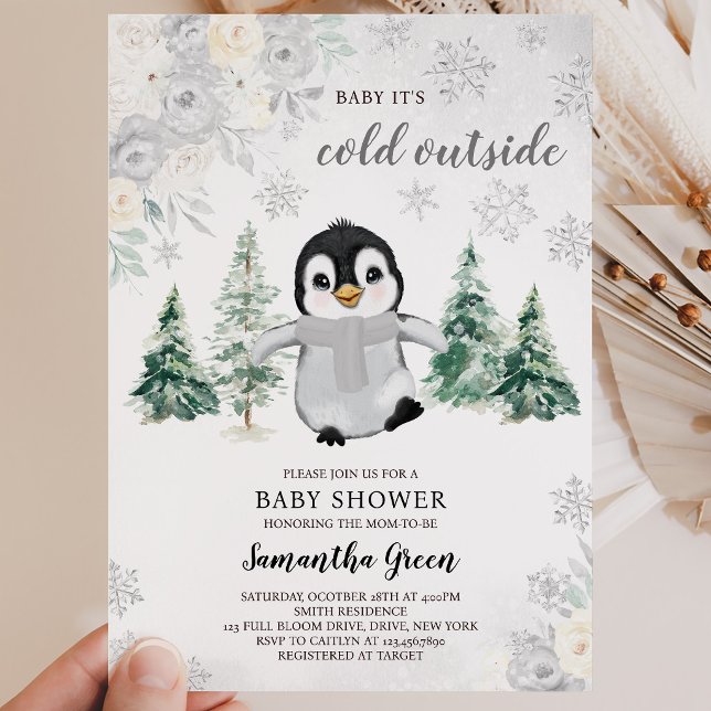 Könsneutral Silver Penguin Bebis Shower Inbjudningar (Skapare uppladdad)