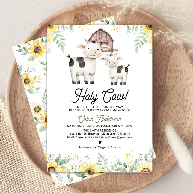 Könsneutral solroser Helig ko Baby Shower Inbjudningar (Holy Cow Baby Shower Invitation, Gender Neutral Cow Themed Baby Shower Invitation, Cow and Calf)