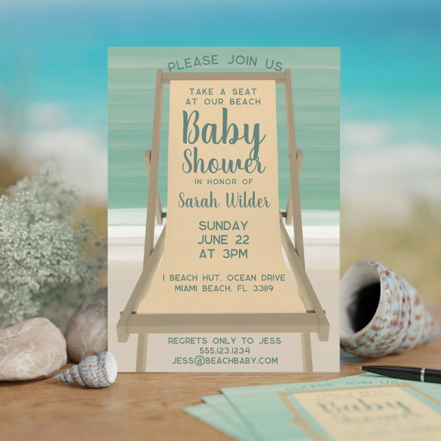 Könsneutral turkos havsbaby shower inbjudningar (A baby shower invitation inspired by a turquoise ocean and a sandy beach. Add your details!)