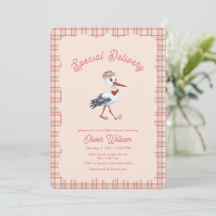 Könsneutral Vintage Gingham Stork Bebis Shower Inbjudningar