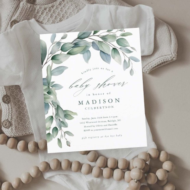 Könsneutrala baby shower-inbjudningar med eukalypt (Budget Eucalyptus Greenery Leaves Baby Shower Invitations.)