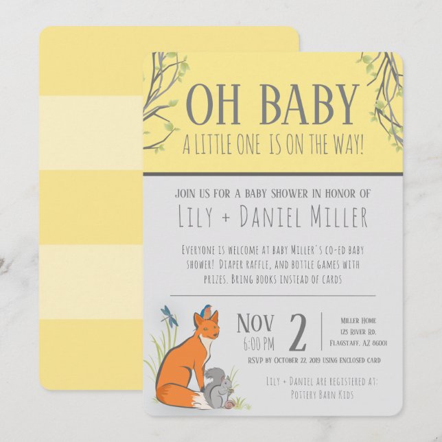 Könsneutrala skogs djur baby shower randig inbjudningar (Fram/baksida)