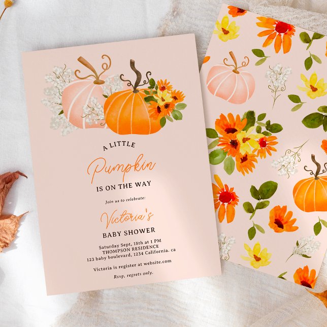 Könsneutralt fall liten pumpdocka inbjudningar (Gender neutral fall little pumpkin baby shower invitation)