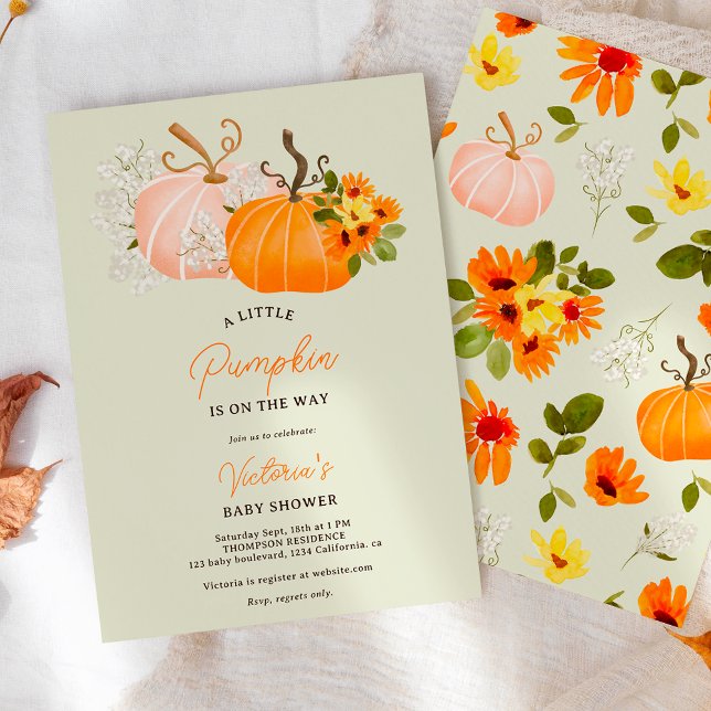 Könsneutralt fall liten pumpdocka inbjudningar (Gender neutral fall little pumpkin baby shower invitation)
