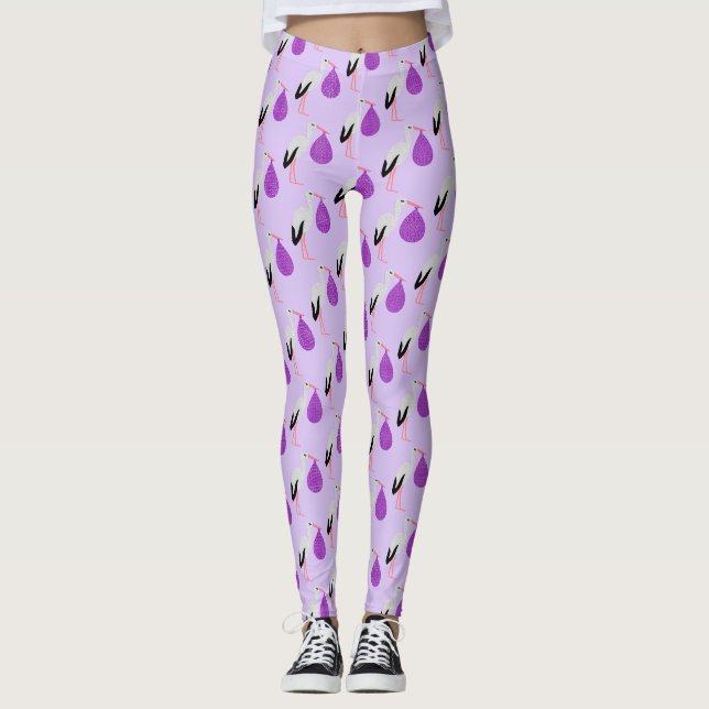 Könsneutralt lila Baby Stork Mönstrad Leggings (Framsida)