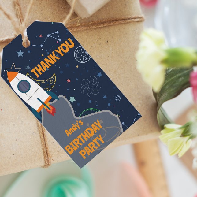 Könsneutralt rymdtema tack för födelsedagsgratulat presentetikett (Gender Neutral Outer Space 1st Birthday Thank You Gift Tags)