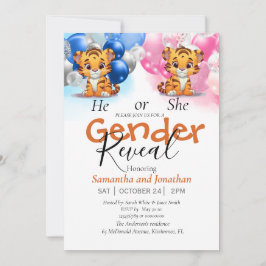 Könsrevealing baby shower med rosa och blå ballong meddelande