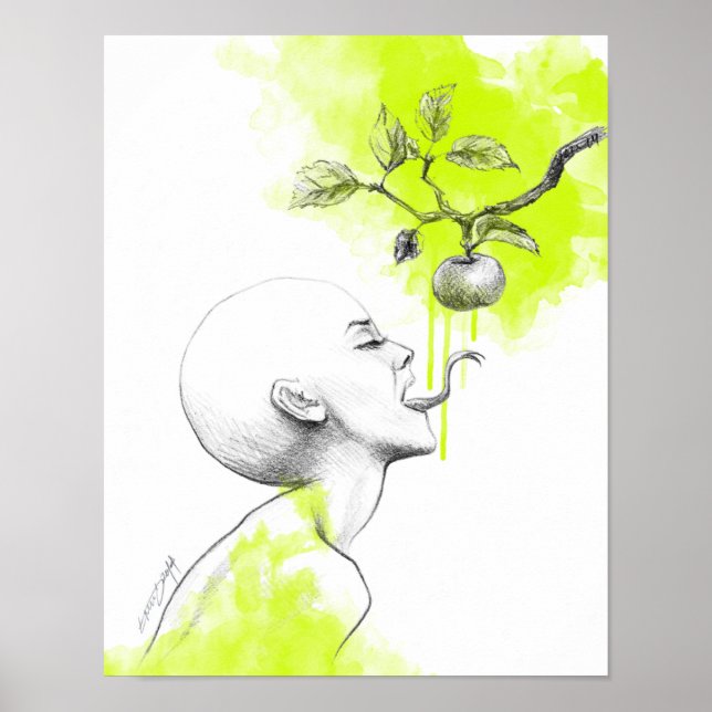 Könssnake tunga Apple Grönt stänk Surreal konst Poster (Framsidan)