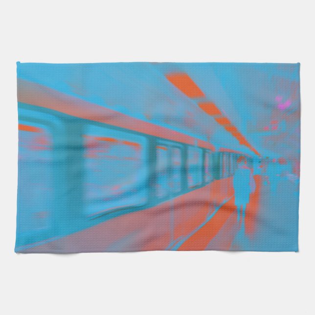 Konst av parisisk kvinna vid tunnelbanan i blå ora kökshandduk (Horisontell)