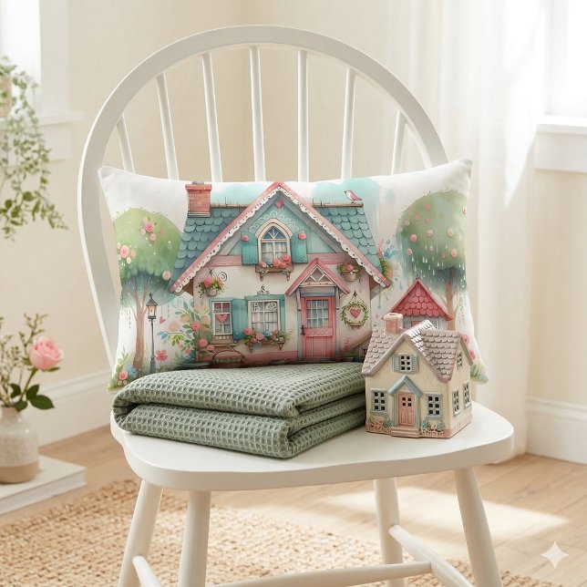 Konst av vetemisk pastel Fairy Tale Cottage Lumbarkudde (Whimsical Pastel Fairy Tale Cottage Art Lumbar Pillow Mockup A)