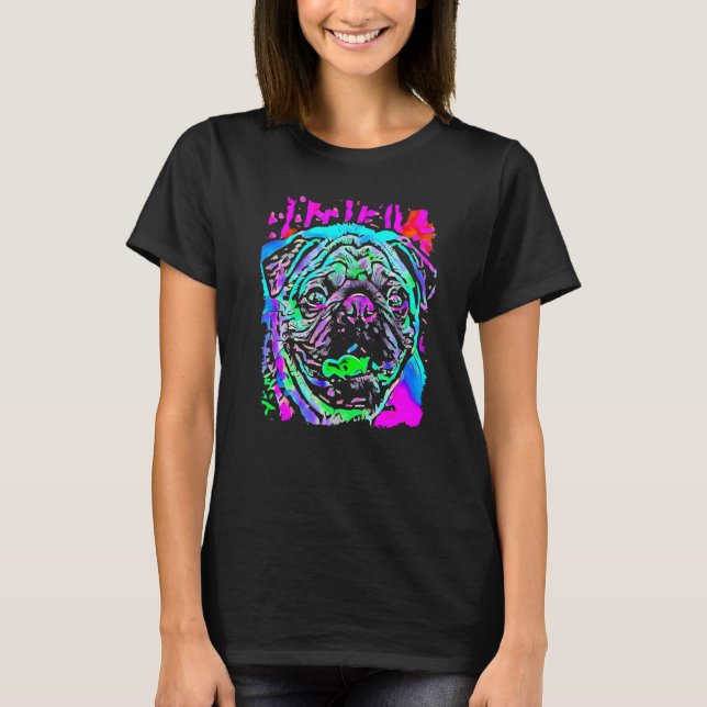 Konst Blå Rosa Lila Grön Mops Hund T Shirt (Framsida)