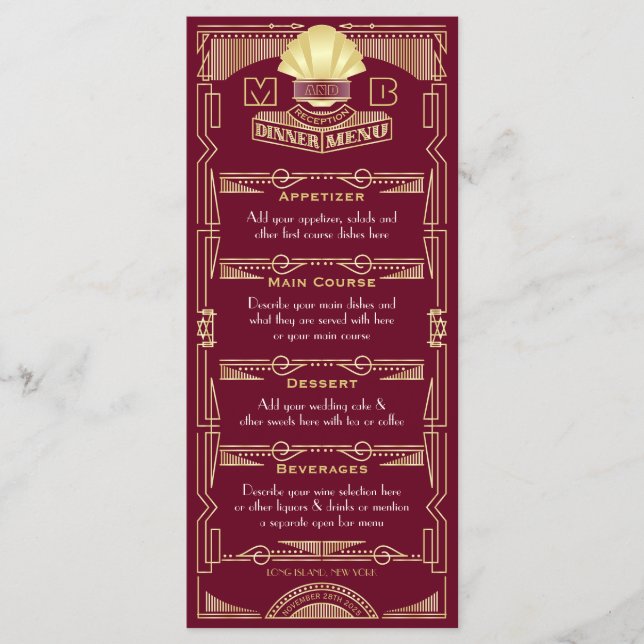 Konst Deco-bröllopsdag Guld Burgundy Meny (Framsida)