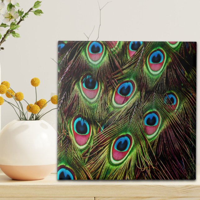 konst deco teal grönt turcoise peacock kakelplatta (art deco teal green turquoise peacock feather ceramic tile)